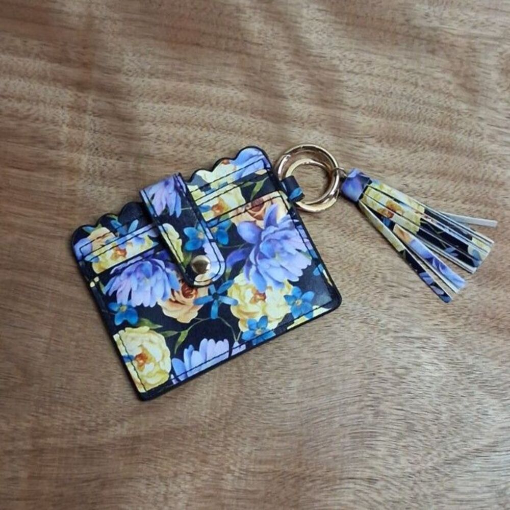Floral Print Card Holder with Key Chain Clip W/Tassel